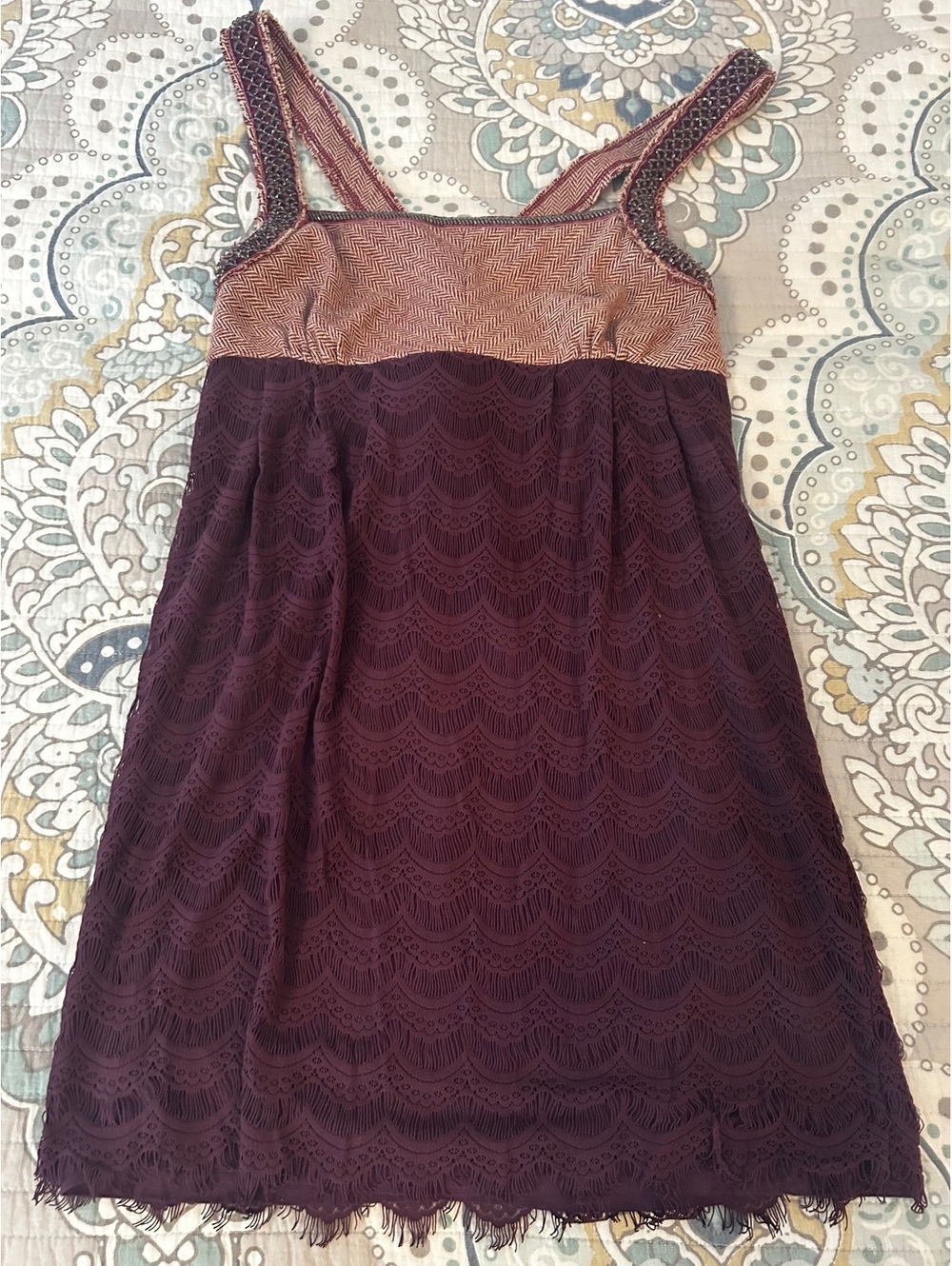 Free People Burgundy Lace and Embellished Strap Dress